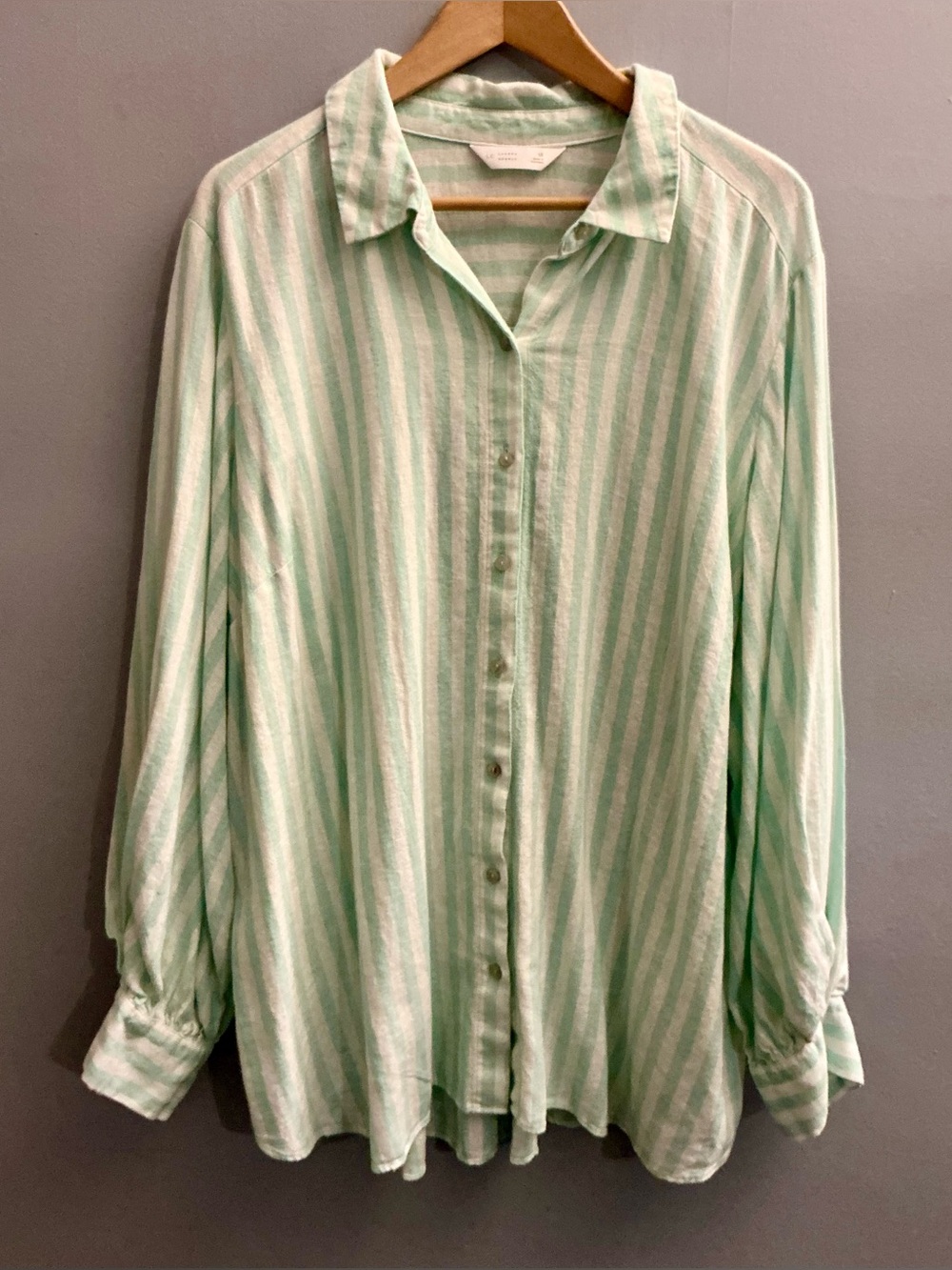 Lauren Conrad 1X Linen Blend Mint Stripe Oversized Coastal Button Down Shirt